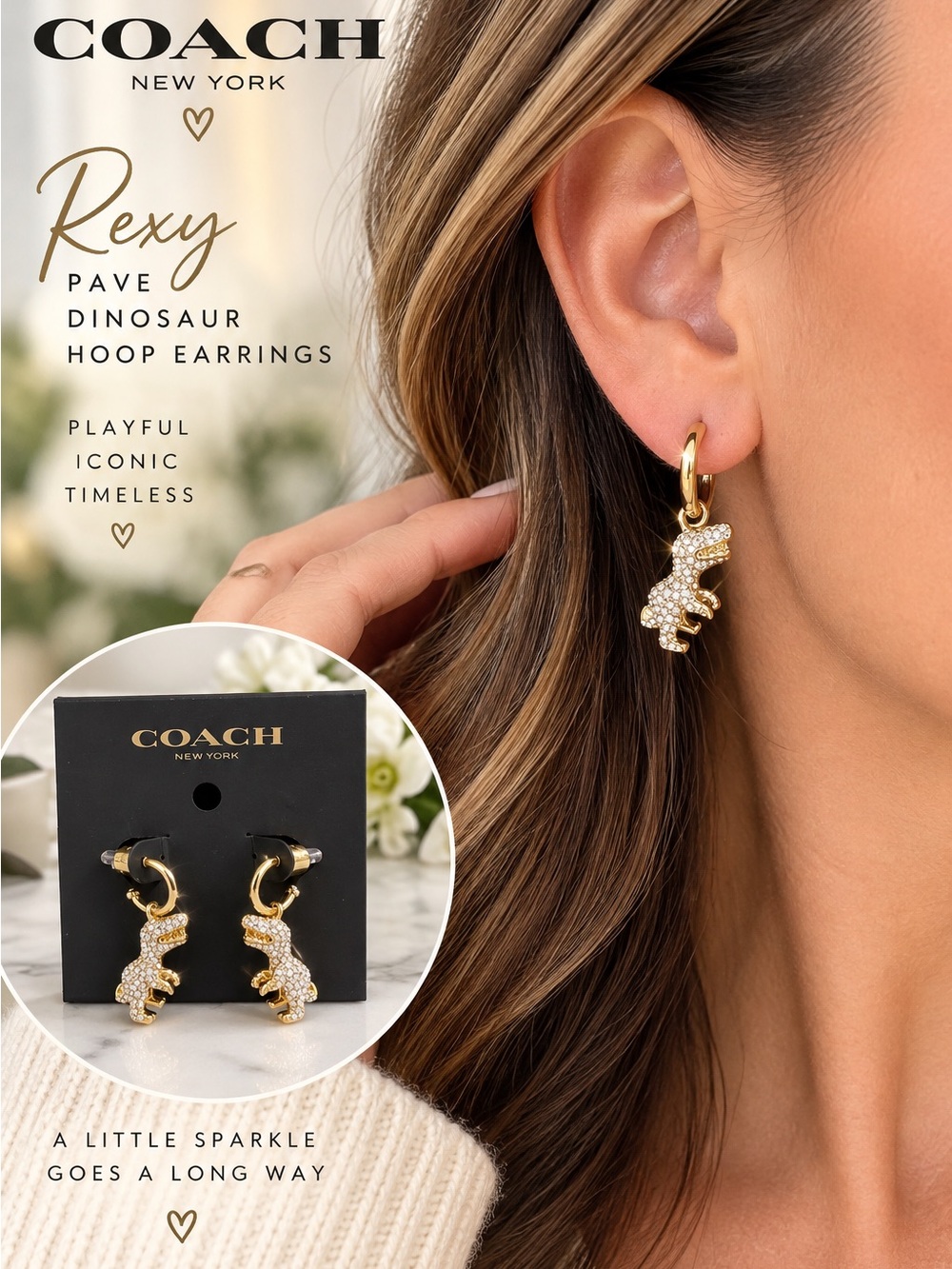 Coach Rexy Pavé Dinosaur Huggie Hoop Earrings Gold NWT